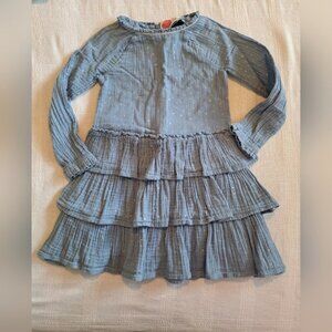 Mini Boden girls 5-6 years light blue with gold star tiered fully lined dress,